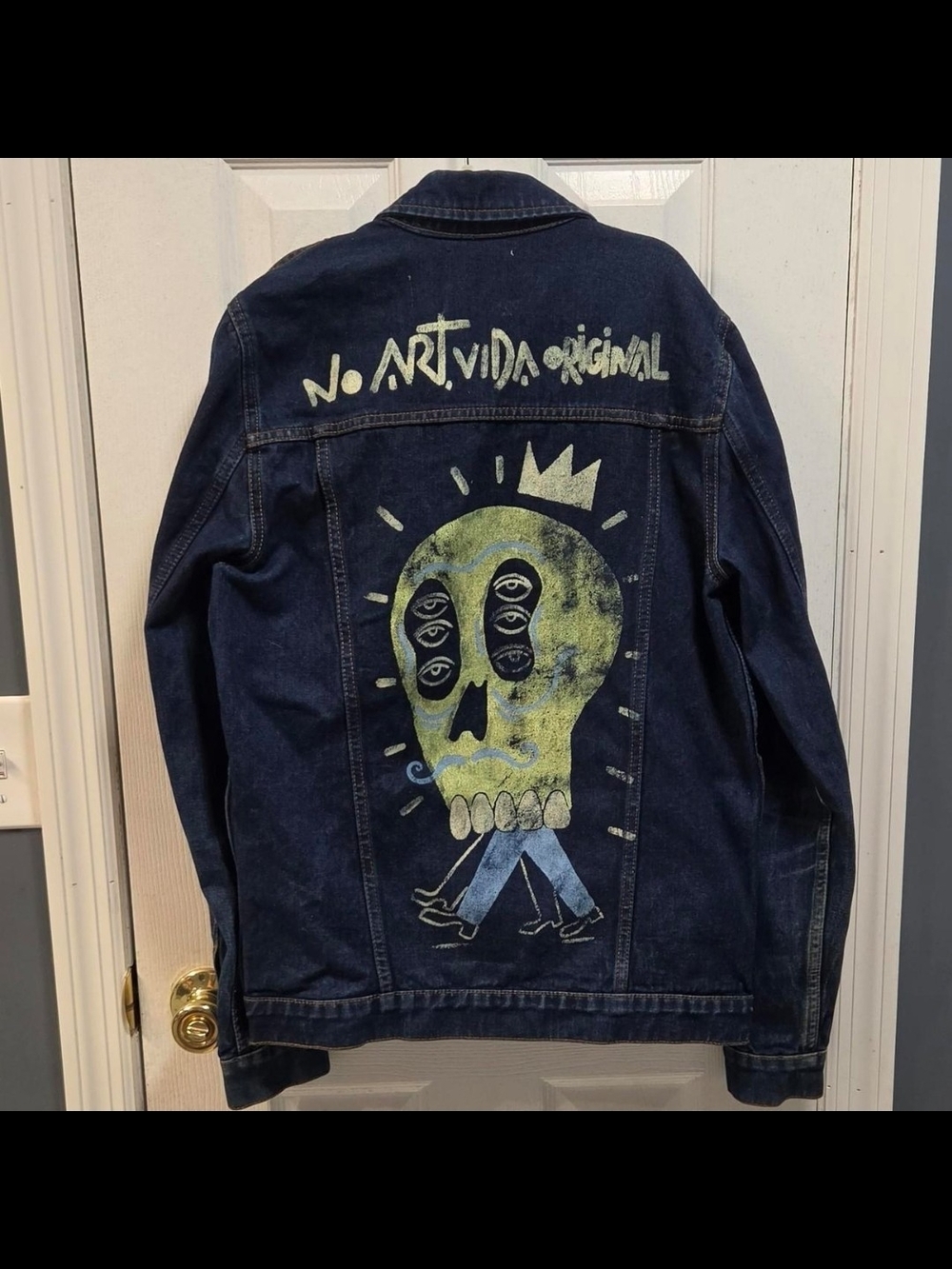 Zara Dark Blue Denim Jacket with Painted Skull Graphic